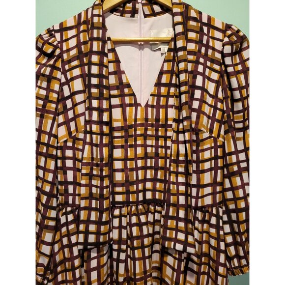 Gal Meets Glam Lindsey Windowpane Tie Neck Dress Purple Tan Sz 6 Office - Picture 4 of 9